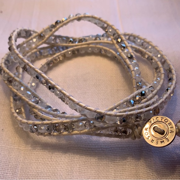 Victoria Emerson Vegan Bracelet Genuine Crystals and Beads on Waxed White Cord - Picture 3 of 5